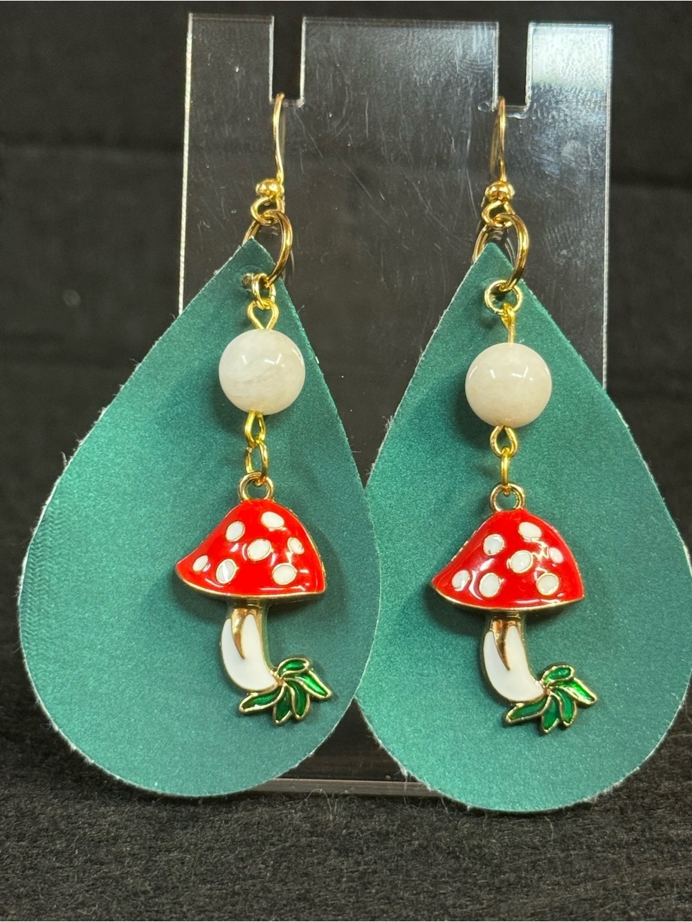 Dark Green Faux Leather Earrings with Mushroom Charms